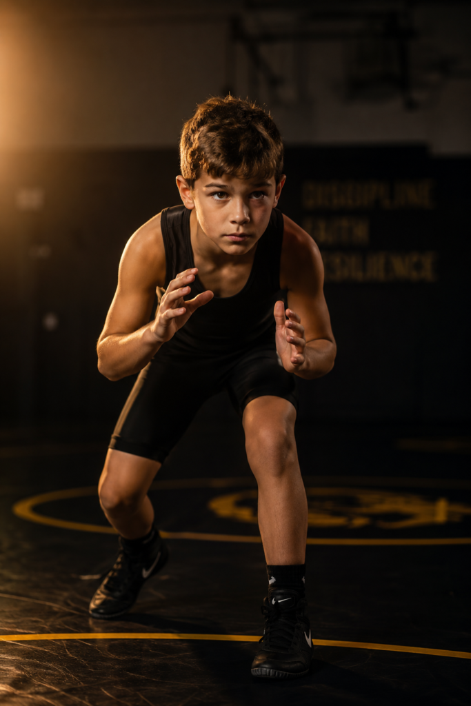 Young athlete training in a STYLSO singlet on a wrestling mat